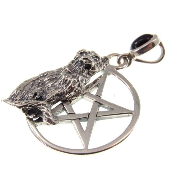 Solid 925 Sterling Silver Cat Familiar Pentacle Pendant w/ Choice of Gemstone - Picture 5 of 9